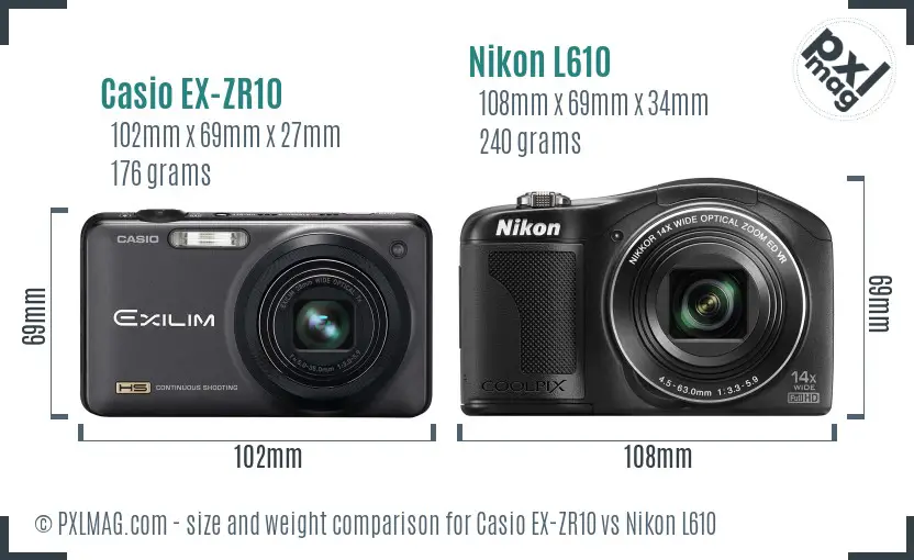 Casio EX-ZR10 vs Nikon L610 size comparison