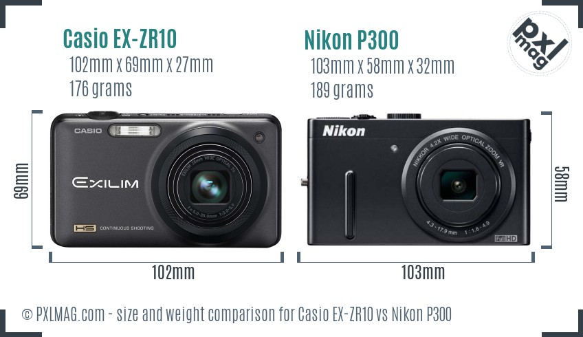 Casio EX-ZR10 vs Nikon P300 size comparison