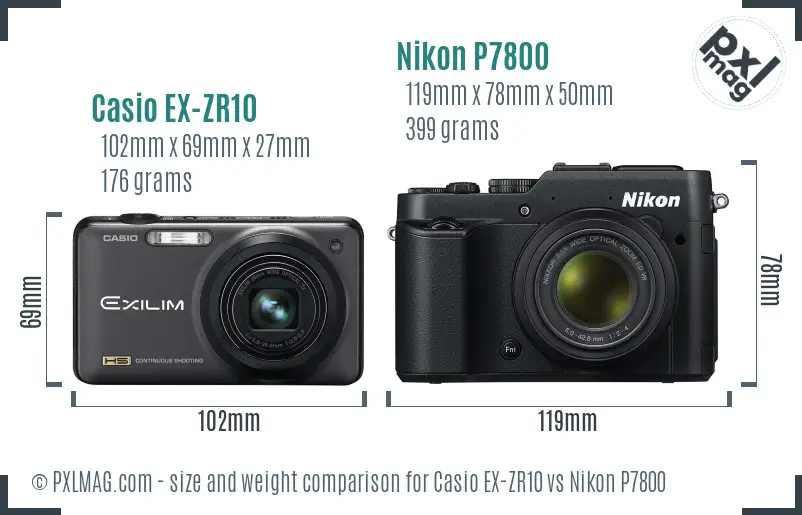 Casio EX-ZR10 vs Nikon P7800 size comparison