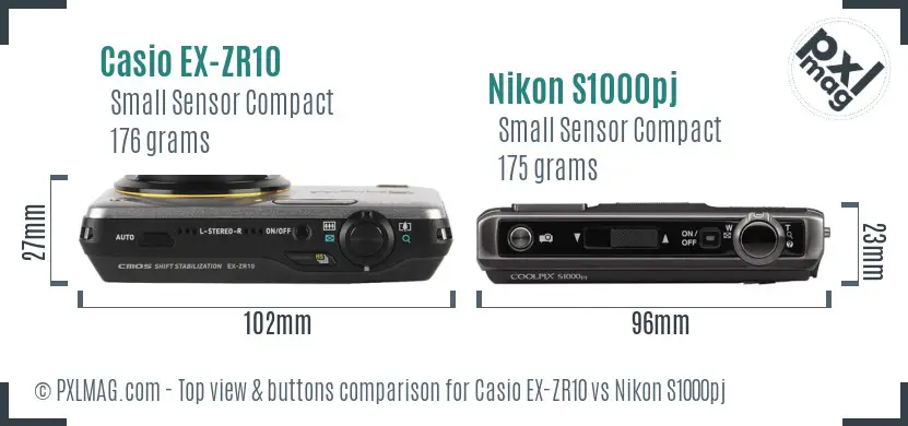 Casio EX-ZR10 vs Nikon S1000pj top view buttons comparison Casio EX-ZR10 vs Nikon S1000pj top view buttons comparison