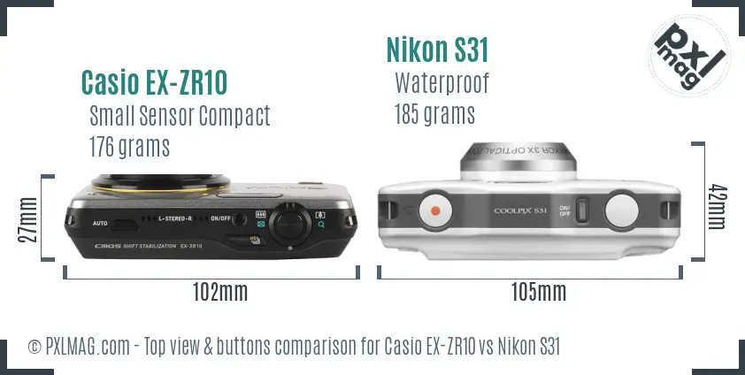 Casio EX-ZR10 vs Nikon S31 top view buttons comparison Casio EX-ZR10 vs Nikon S31 top view buttons comparison