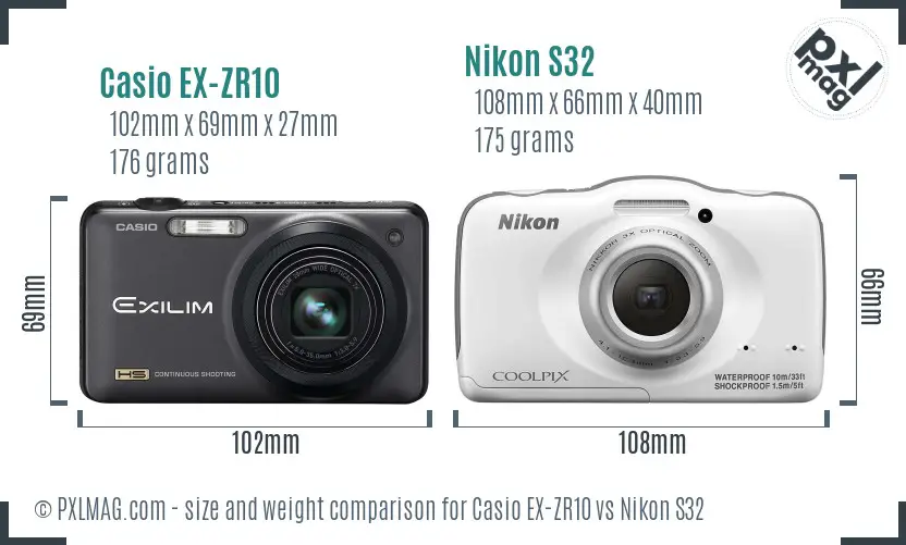 Casio EX-ZR10 vs Nikon S32 size comparison