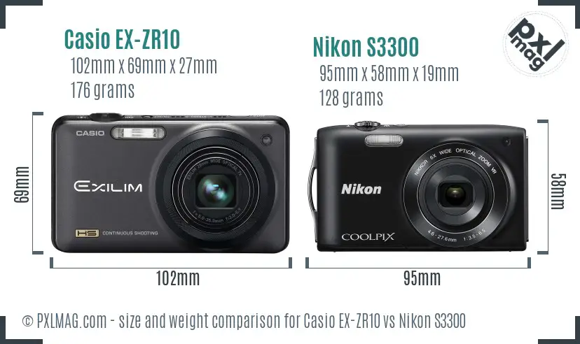 Casio EX-ZR10 vs Nikon S3300 size comparison