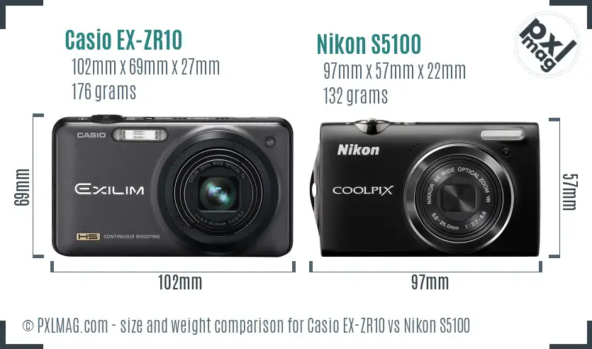 Casio EX-ZR10 vs Nikon S5100 size comparison