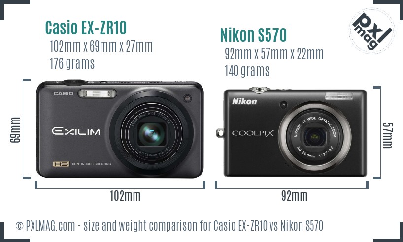 Casio EX-ZR10 vs Nikon S570 size comparison