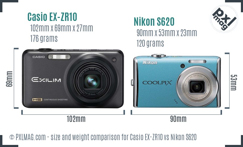 Casio EX-ZR10 vs Nikon S620 size comparison