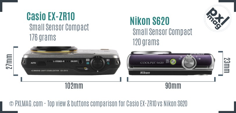 Casio EX-ZR10 vs Nikon S620 top view buttons comparison
