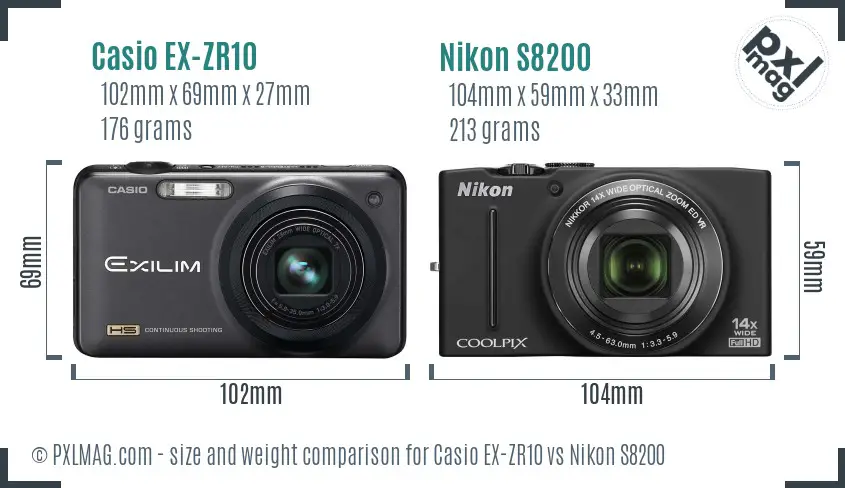 Casio EX-ZR10 vs Nikon S8200 size comparison