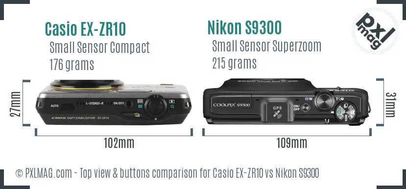Casio EX-ZR10 vs Nikon S9300 top view buttons comparison Casio EX-ZR10 vs Nikon S9300 top view buttons comparison