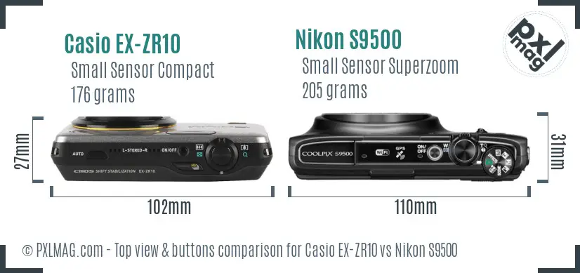 Casio EX-ZR10 vs Nikon S9500 top view buttons comparison Casio EX-ZR10 vs Nikon S9500 top view buttons comparison