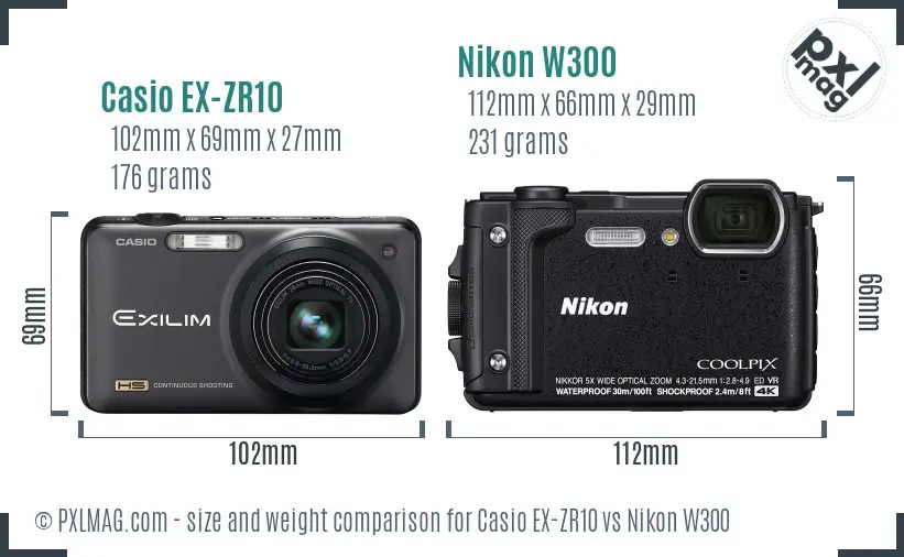 Casio EX-ZR10 vs Nikon W300 size comparison