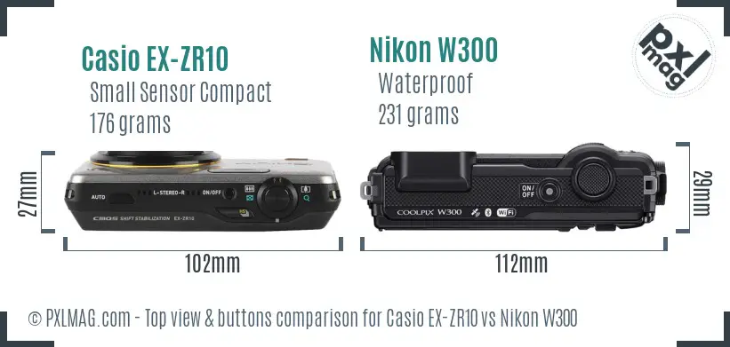 Casio EX-ZR10 vs Nikon W300 top view buttons comparison