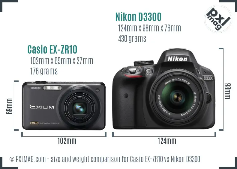 Casio EX-ZR10 vs Nikon D3300 size comparison