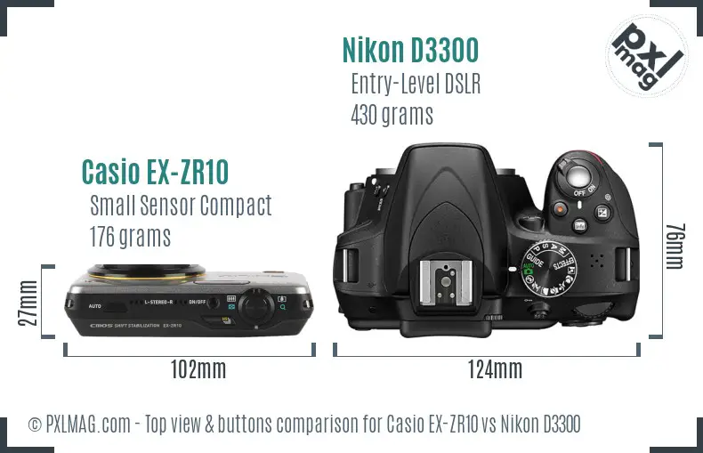 Casio EX-ZR10 vs Nikon D3300 top view buttons comparison