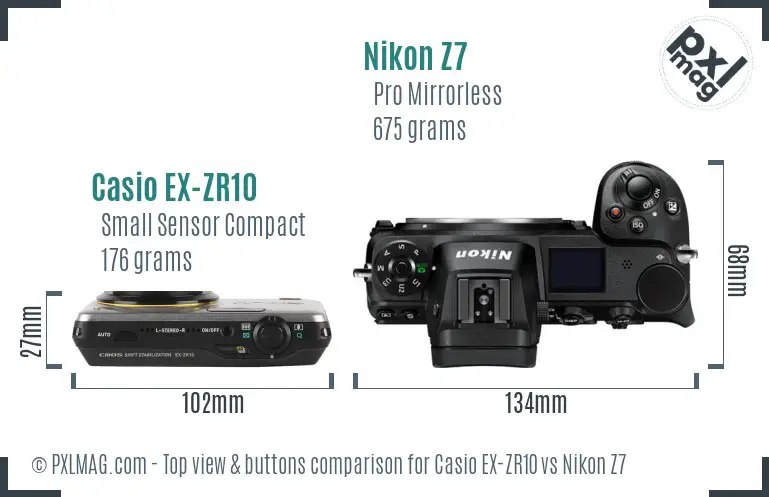 Casio EX-ZR10 vs Nikon Z7 top view buttons comparison