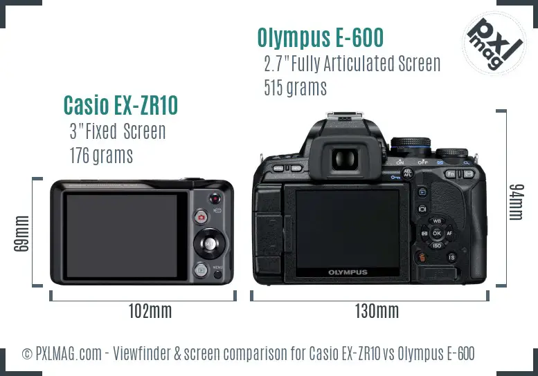 Casio EX-ZR10 vs Olympus E-600 Screen and Viewfinder comparison