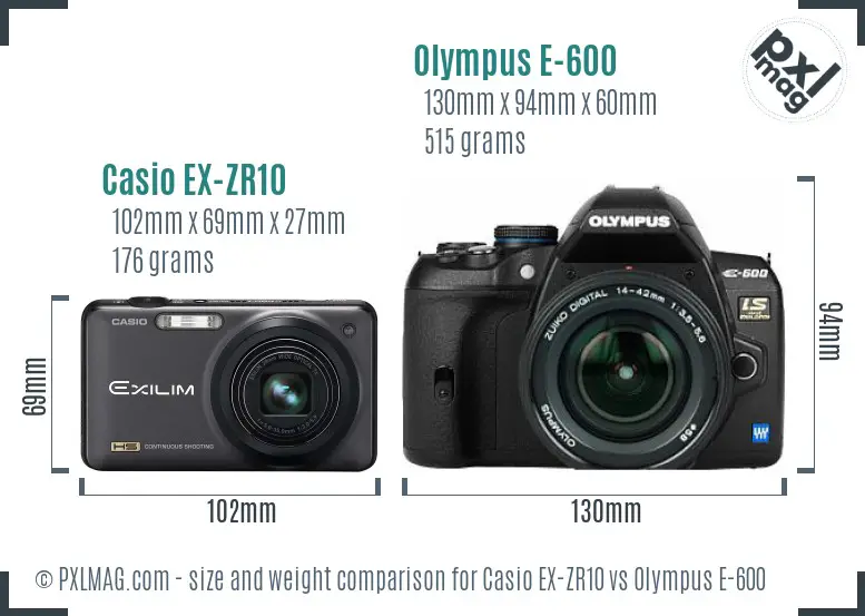 Casio EX-ZR10 vs Olympus E-600 size comparison