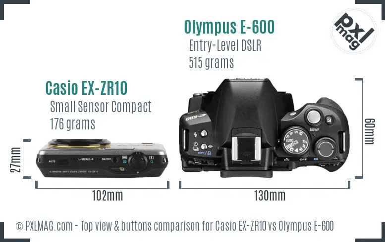 Casio EX-ZR10 vs Olympus E-600 top view buttons comparison