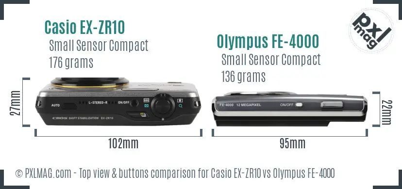 Casio EX-ZR10 vs Olympus FE-4000 top view buttons comparison Casio EX-ZR10 vs Olympus FE-4000 top view buttons comparison