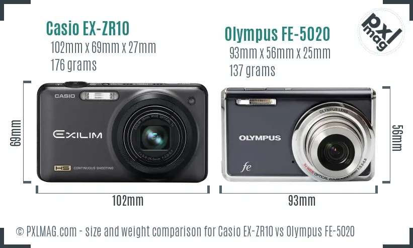 Casio EX-ZR10 vs Olympus FE-5020 size comparison Casio EX-ZR10 vs Olympus FE-5020 size comparison