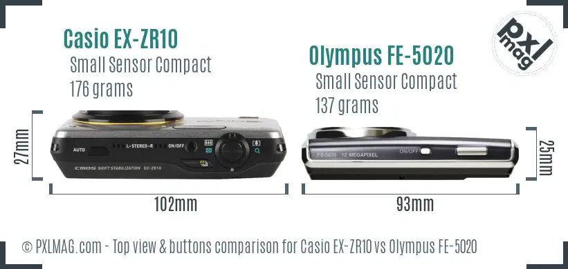 Casio EX-ZR10 vs Olympus FE-5020 top view buttons comparison Casio EX-ZR10 vs Olympus FE-5020 top view buttons comparison