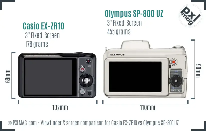 Casio EX-ZR10 vs Olympus SP-800 UZ Screen and Viewfinder comparison