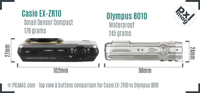 Casio EX-ZR10 vs Olympus 8010 top view buttons comparison Casio EX-ZR10 vs Olympus 8010 top view buttons comparison