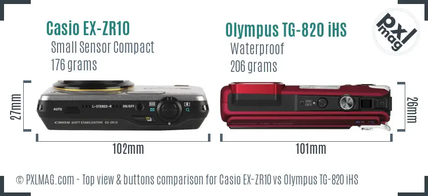 Casio EX-ZR10 vs Olympus TG-820 iHS top view buttons comparison Casio EX-ZR10 vs Olympus TG-820 iHS top view buttons comparison