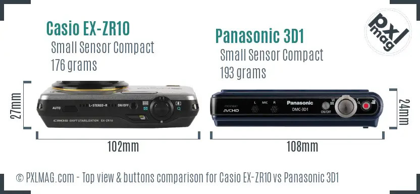 Casio EX-ZR10 vs Panasonic 3D1 top view buttons comparison Casio EX-ZR10 vs Panasonic 3D1 top view buttons comparison