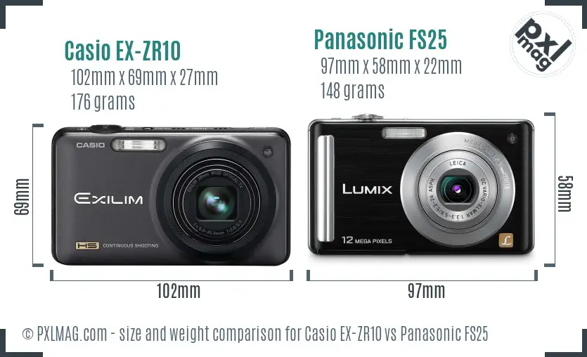 Casio EX-ZR10 vs Panasonic FS25 size comparison