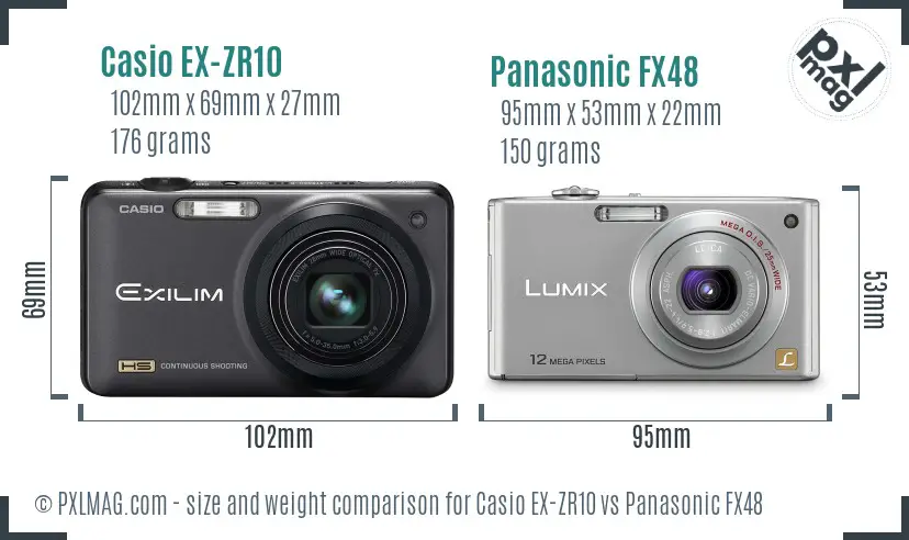Casio EX-ZR10 vs Panasonic FX48 size comparison