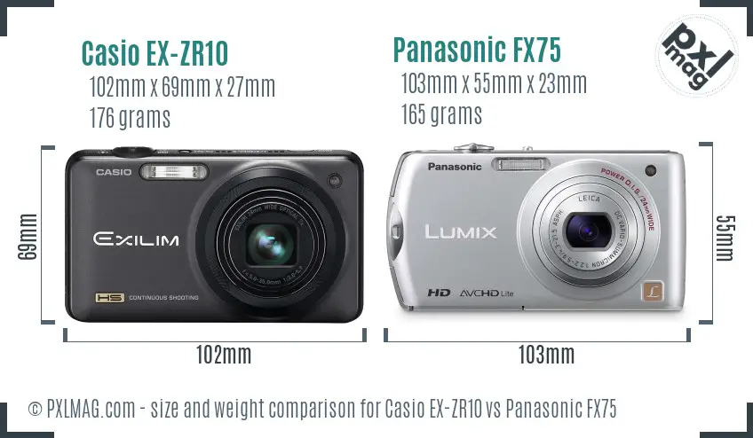 Casio EX-ZR10 vs Panasonic FX75 size comparison