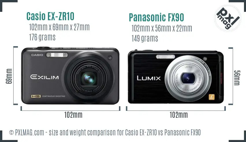 Casio EX-ZR10 vs Panasonic FX90 size comparison