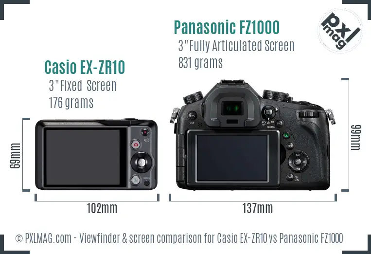Casio EX-ZR10 vs Panasonic FZ1000 Screen and Viewfinder comparison