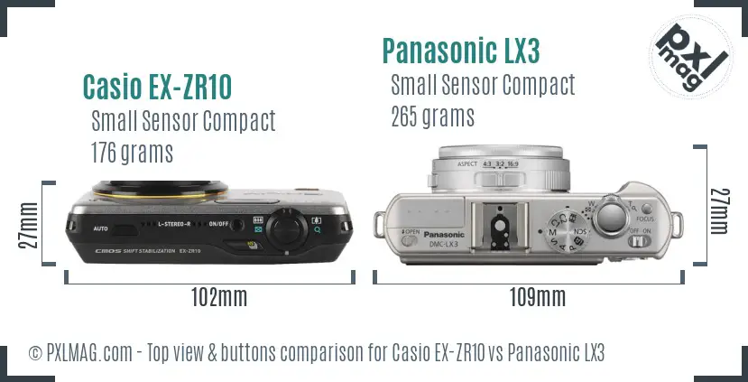 Casio EX-ZR10 vs Panasonic LX3 top view buttons comparison