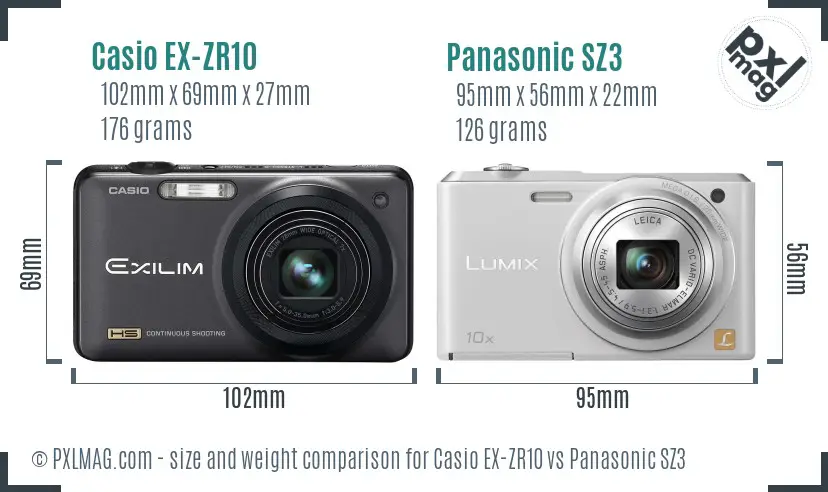 Casio EX-ZR10 vs Panasonic SZ3 size comparison