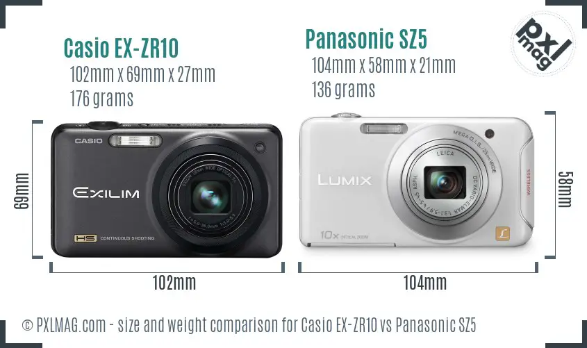 Casio EX-ZR10 vs Panasonic SZ5 size comparison