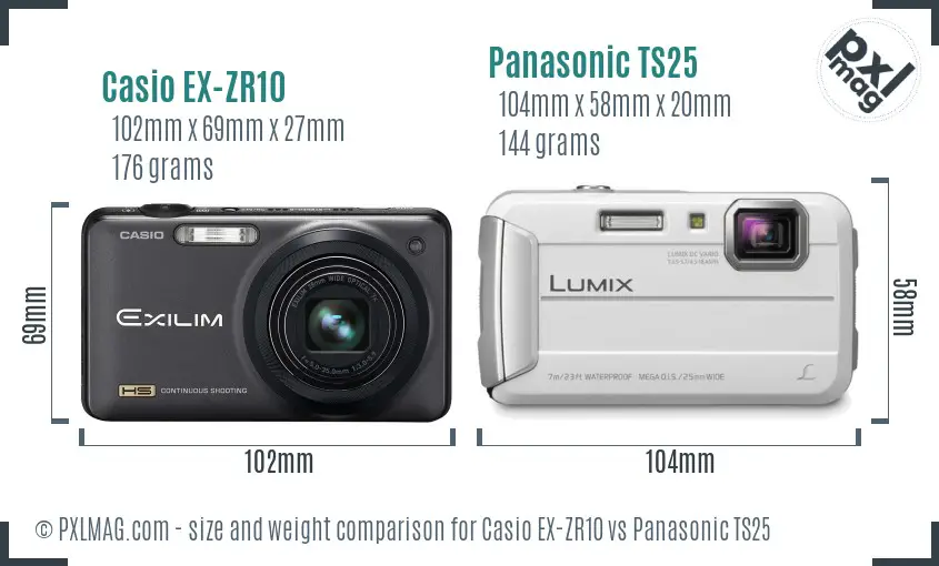 Casio EX-ZR10 vs Panasonic TS25 size comparison