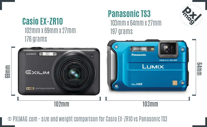 Casio EX-ZR10 vs Panasonic TS3 size comparison