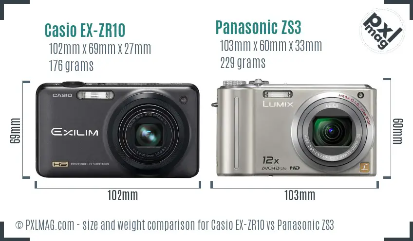 Casio EX-ZR10 vs Panasonic ZS3 size comparison