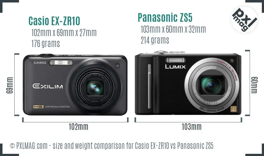 Casio EX-ZR10 vs Panasonic ZS5 size comparison