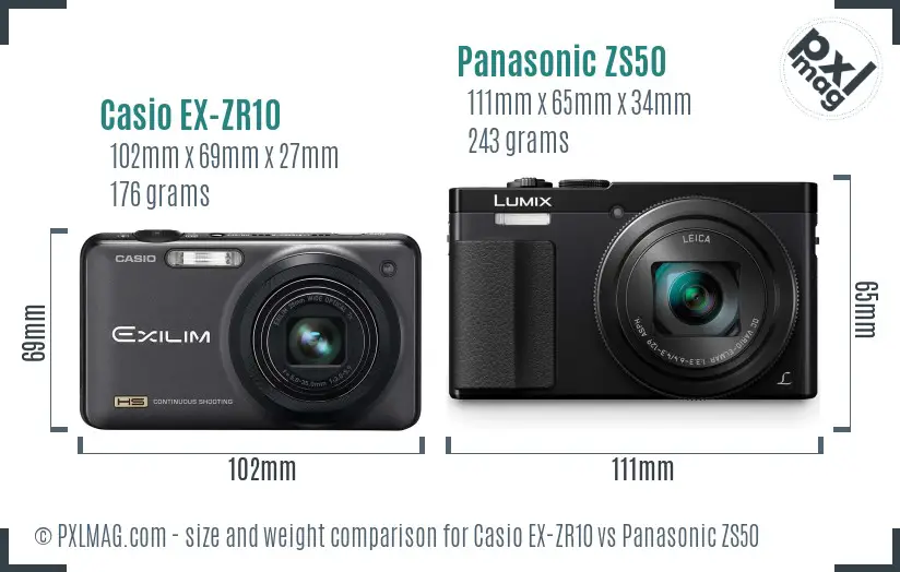 Casio EX-ZR10 vs Panasonic ZS50 size comparison