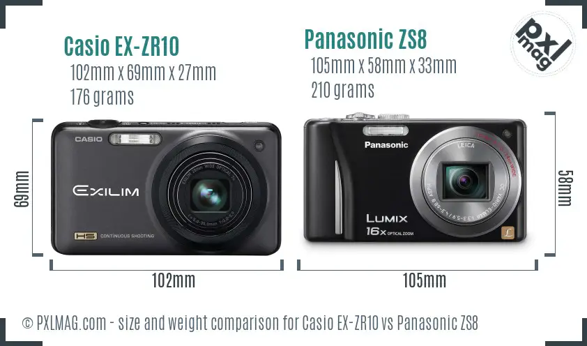 Casio EX-ZR10 vs Panasonic ZS8 size comparison