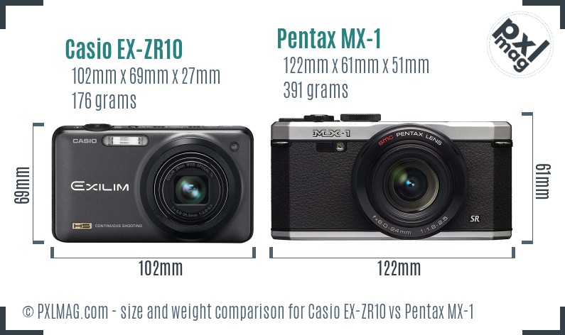 Casio EX-ZR10 vs Pentax MX-1 size comparison