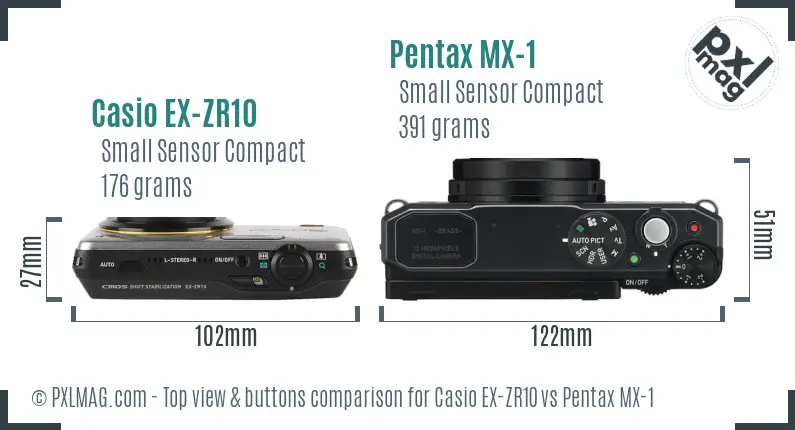 Casio EX-ZR10 vs Pentax MX-1 top view buttons comparison