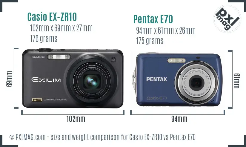Casio EX-ZR10 vs Pentax E70 size comparison