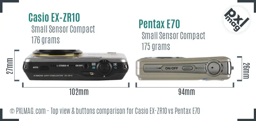 Casio EX-ZR10 vs Pentax E70 top view buttons comparison