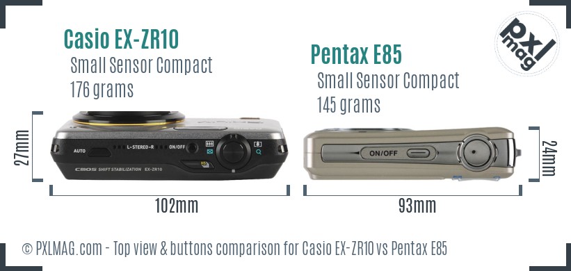 Casio EX-ZR10 vs Pentax E85 top view buttons comparison