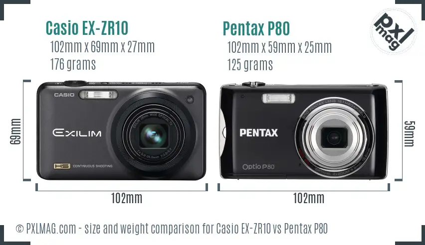 Casio EX-ZR10 vs Pentax P80 size comparison