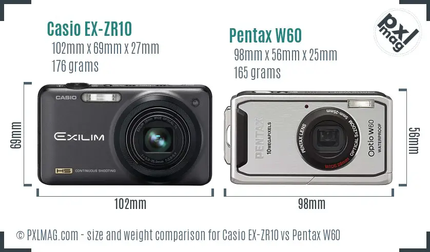 Casio EX-ZR10 vs Pentax W60 size comparison